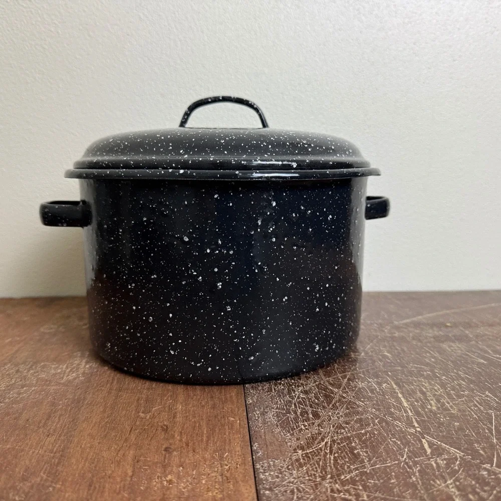 Vintage Black White Speckled Enamel Granite Ware Stock‎ Pot with lid